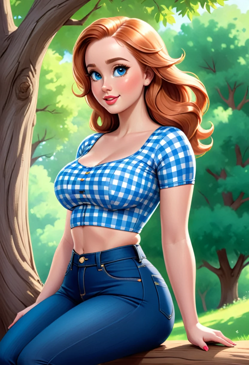 A colored pencil sketch of A beautiful woman, A gingham, skin tight spandex top, large heaving breasts, skin tight highrise jeans. curvy, thin-waist, wide-hips, swaying-hips. mash up of Molly Quinn. She is sitting seductively under a live oak tree.