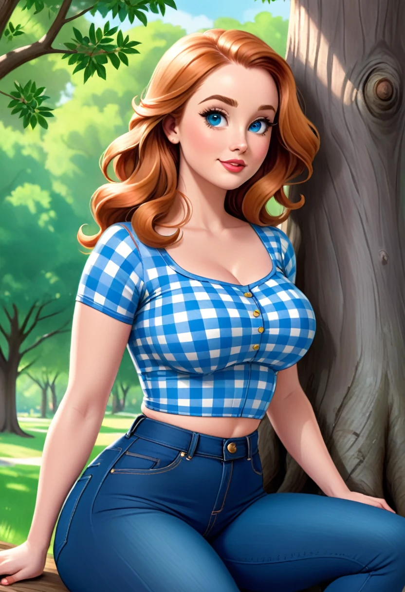 A colored pencil sketch of A beautiful woman, A gingham, skin tight spandex top, large heaving breasts, skin tight highrise jeans. curvy, thin-waist, wide-hips, swaying-hips. mash up of Molly Quinn. She is sitting seductively under a live oak tree.
