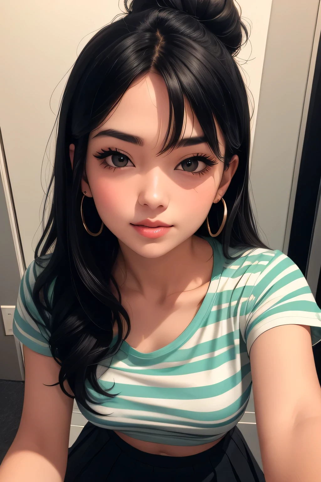 Amazing portrait of a sexy and woman with a beautiful face with seductive eyes gazing intensely at me with her soft lips parted in anticipation of a kiss which is making her blush intensely her lips are also curved in a soft smile she has her luscious black hair in a cute bun wearing a black and white striped t shirt and a dark green skirt paired with some elegant earrings her t shirt showing her medium chest and perfect body off