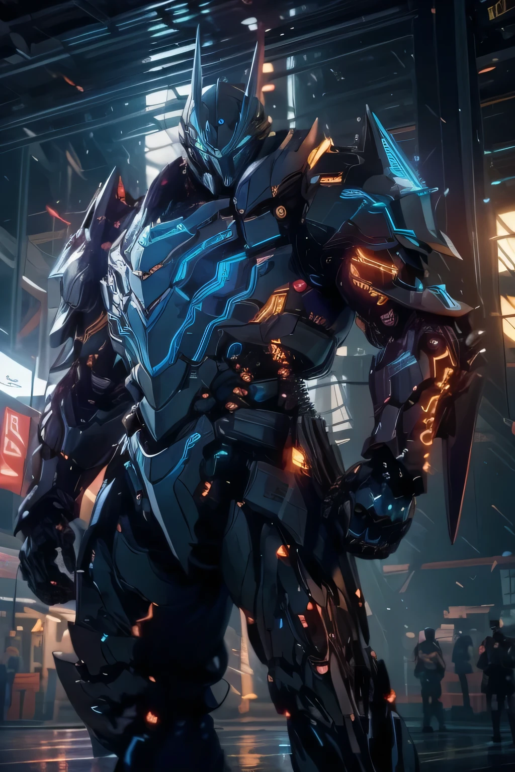 A giant suit of armor, heavy and massive, so reinforced that it is not even possible to see who is using it or even their skin, just the armor metal, the armor has a LOT of RGB lighting on the outside of the armor and she is wearing iron gauntlets that are bigger than him, he is leaving a bank right after being robbed