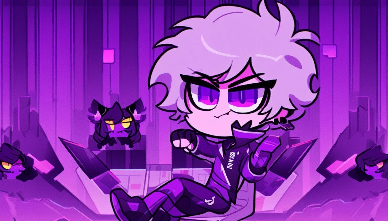 HazbinStyle, a boy cartoon character in e-sports player style with blue and purple tones