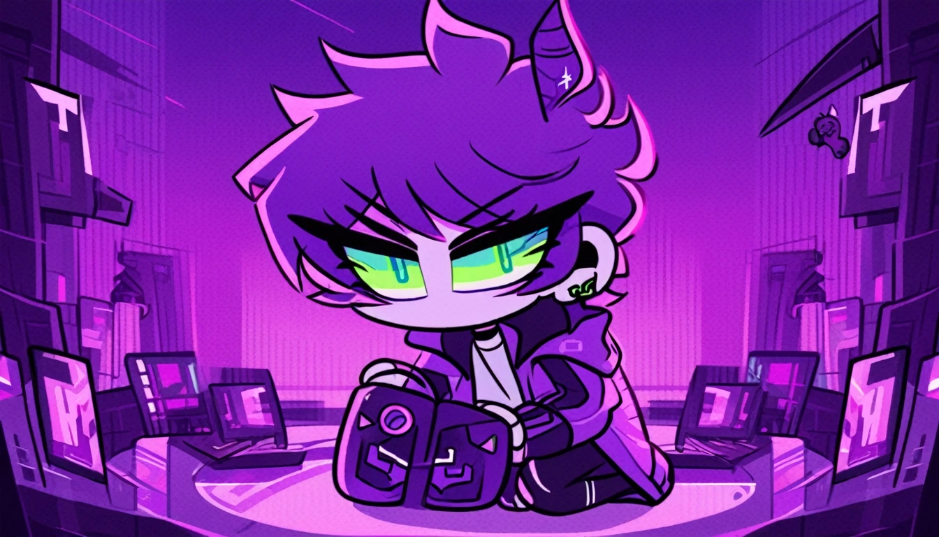 HazbinStyle, a boy cartoon character in e-sports player style with blue and purple tones