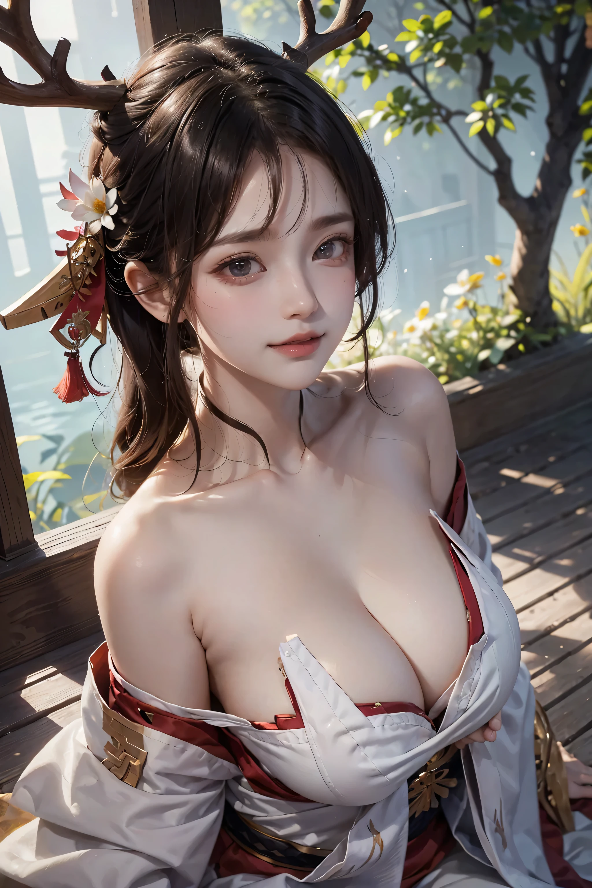 ((16K)),(masterpiece:1.3, Highest quality, Ultra-high resolution, Super detailed), (Realistic, photoRealistic:1.4), Perfect lighting, colorful, Depth of written boundary, Browsing Caution, Surrealism,Face Light,((reindeer horns animal ears)), ((Deer antlers grow from their heads:1.2)),(( large breasts:1.4)),Beautiful detailed hair,((Beautiful eyelashes)), Beautifully detailed face, Beautiful fine details, Beautiful clavicle, Beautiful body, thin脚,Beautiful breasts, Beautiful feet, Beautiful Hands, Cleavage, Pointed Chest, thin, 1 girl, 21 years old,Perfect Face, Long eyelashes,Perfect Anatomy, Supermodel with a long neck,((Skinny1.3)),looking at the camera,(Perfect Anatomy,Anatomically correct, Highly detailed skin), Shiny skin,((beautiful girl:1.1)),(Mid-length hair:1.4, Wavy Hair:1.2 :Black Hair) ,See-through bangs,Dainty facial structure, ((Surprised:1.2)),Happy smile,((Dynamic pose))Sexy pose,,((wearing nontraditional miko:1.3)),Short length, Generate an image of a beautiful morning forest. The scene should include lush green trees and foliage, with a variety of ((colorful flowers ))in bloom. The atmosphere should be tranquil and serene, ((wide shot:1.1)),((From the side))