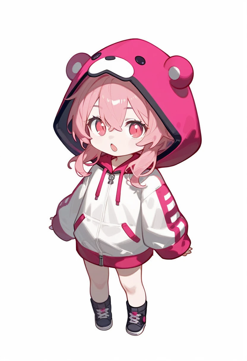 score_9,score_8_superior,score_7_superior,One girl,Pink Hair,alone,hood chibi,bangs,Point here,standing,full body,posing,Open your mouth,In-person audience,hoodie,Wearing a hood,Long sleeve,Hair between the eyes,Sleeves are longer than your fingers,white background,