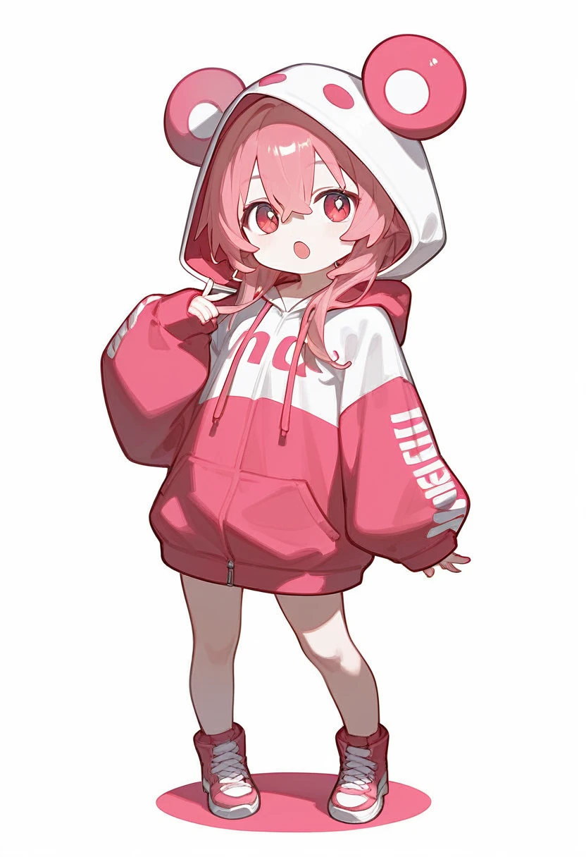 score_9,score_8_superior,score_7_superior,One girl,Pink Hair,alone,hood chibi,bangs,Point here,standing,full body,posing,Open your mouth,In-person audience,hoodie,Wearing a hood,Long sleeve,Hair between the eyes,Sleeves are longer than your fingers,white background,