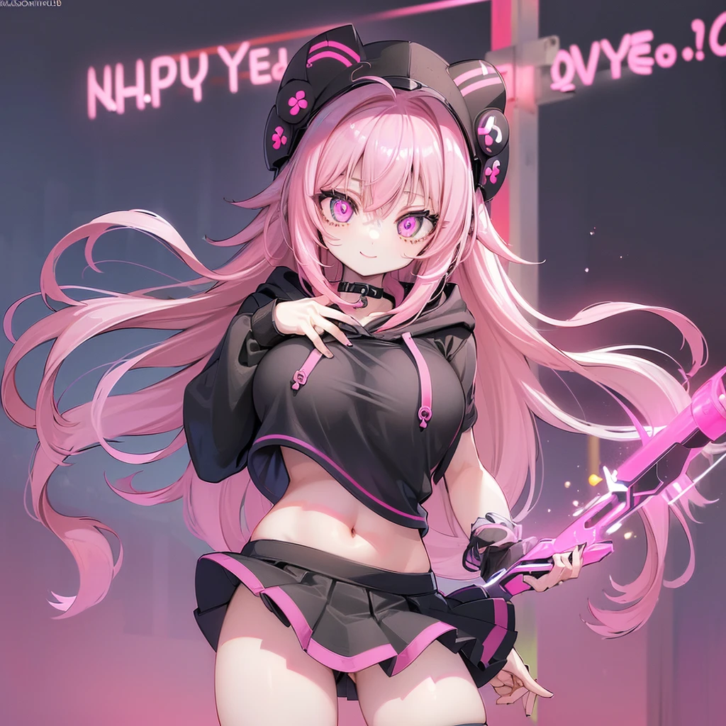 girl, (Lower bust:1.4),Large breasts droop、(ssmile:1.5),Colored inner hair,Long gray hair:1.5,Long unkempt hair:1.35,cabelos preto e longos,Complex hairstyles,(((neon_Pink_There are eyes:1.3))),complex eyes,Beautiful and delicate eyes,symetric eye)),(spider lower abdomen,Willow waist,Wide hips,athletic body build,inflatable legs,Detailed body), Cute big breasts,'s,((((cropped hoodie,)))),(((Superskirt))) (dynamicposes:1.0),Just focus,Embarrassing,(Located in the center,Scale to fit the dimensions,the rule of thirds), Neon lights are particularly eye-catching, very bright neon light,during night, star night, kosmos, artsy photography,(Photos taken by sldr),A high resolution, Focus sharp, (realistic artwork:1.37),(extremely detaild's CG unified 8k wallpapers),((new year'Background theme)),(((vivd colour))),