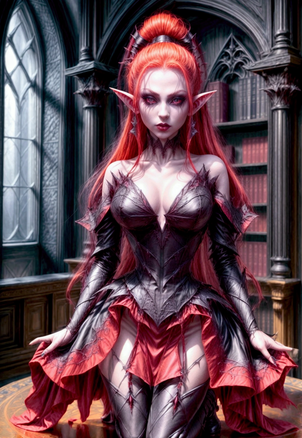 arafed a picture of elf vampire in her castle. an exquisite beautiful female elf vampire (ultra details, Masterpiece, best quality), full body, ((anatomically correct: 1.5) bloody mouth, orange hair, pale skin, hair in a ponytail, long hair, blue eyes, (small pointed ears: 1.2), cold eyes, smirking, wearing pink dress (ultra details, Masterpiece, best quality), red cloak, wearing high heels, in dark fantasy library, book shelves, vibrant, Ultra-high resolution, High Contrast, (masterpiece:1.5), highest quality, Best aesthetics), best details, best quality, highres, ultra wide angle, 16k, [ultra detailed], masterpiece, best quality, (extremely detailed) RAW, dark fantasy art, gothic art, wearing Haute_Couture designer dress, Dark Novel, c0rs3t, corset, leotard,