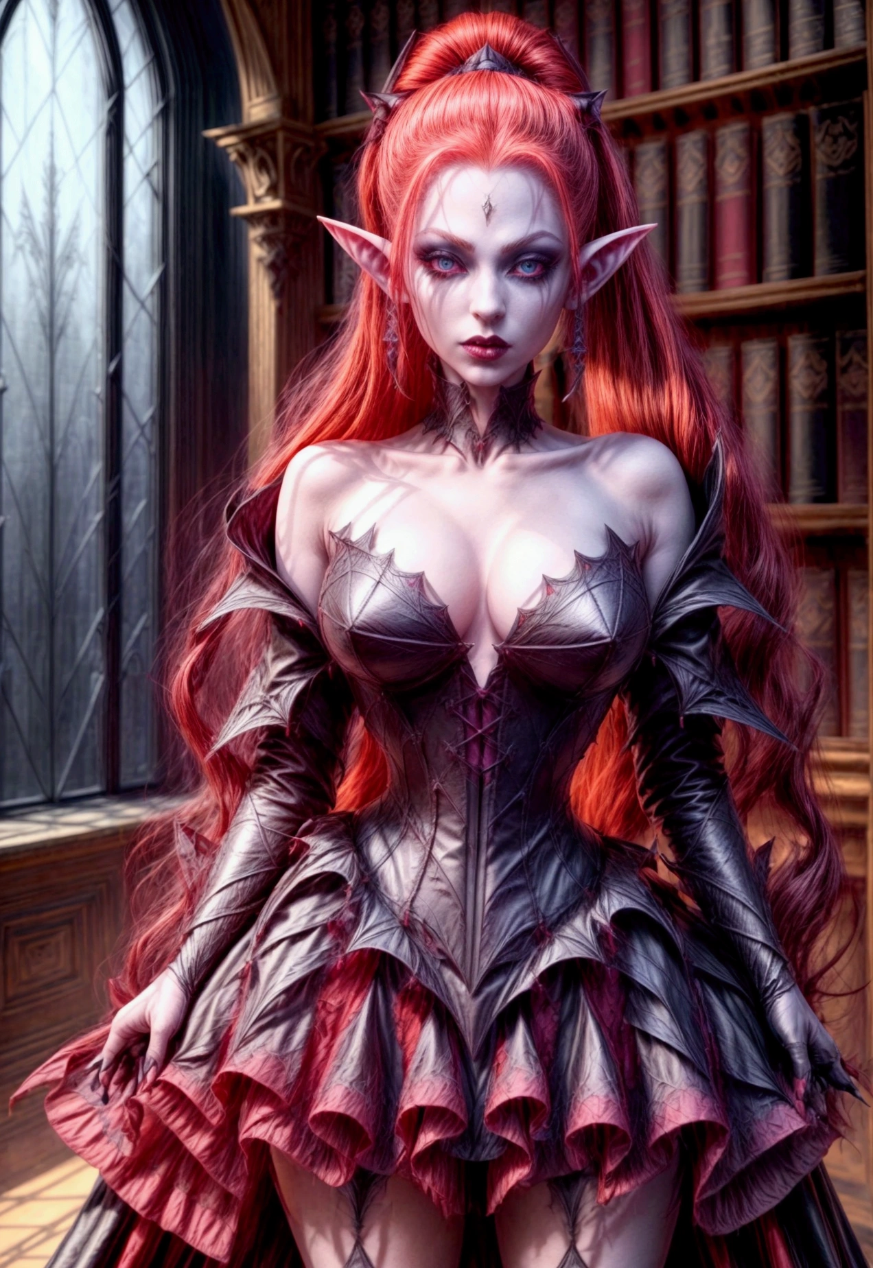 arafed a picture of elf vampire in her castle. an exquisite beautiful female elf vampire (ultra details, Masterpiece, best quality), full body, ((anatomically correct: 1.5) bloody mouth, orange hair, pale skin, hair in a ponytail, long hair, blue eyes, (small pointed ears: 1.2), cold eyes, smirking, wearing pink dress (ultra details, Masterpiece, best quality), red cloak, wearing high heels, in dark fantasy library, book shelves, vibrant, Ultra-high resolution, High Contrast, (masterpiece:1.5), highest quality, Best aesthetics), best details, best quality, highres, ultra wide angle, 16k, [ultra detailed], masterpiece, best quality, (extremely detailed) RAW, dark fantasy art, gothic art, wearing Haute_Couture designer dress, Dark Novel, c0rs3t, corset, leotard,