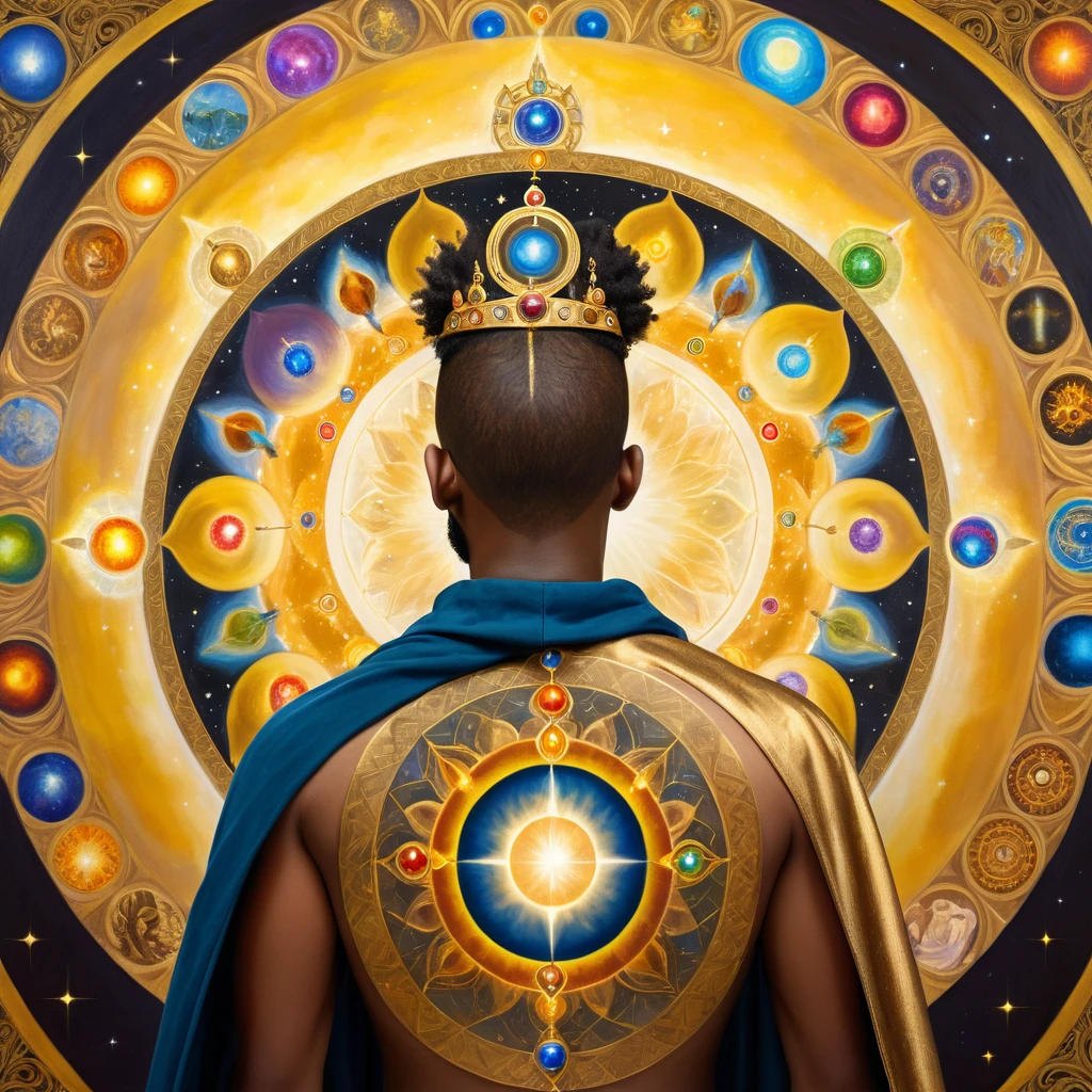 black man with his back, short hair (shaved), with a crown on his head, with a golden cloak with the 7 chakras, luxurious setting, and with art and beautiful elements. He looks and contemplates the cosmic golden celestial realms, with elements of astrology, Renaissance painting, oil painting inspired by Leonardo da Vinci.