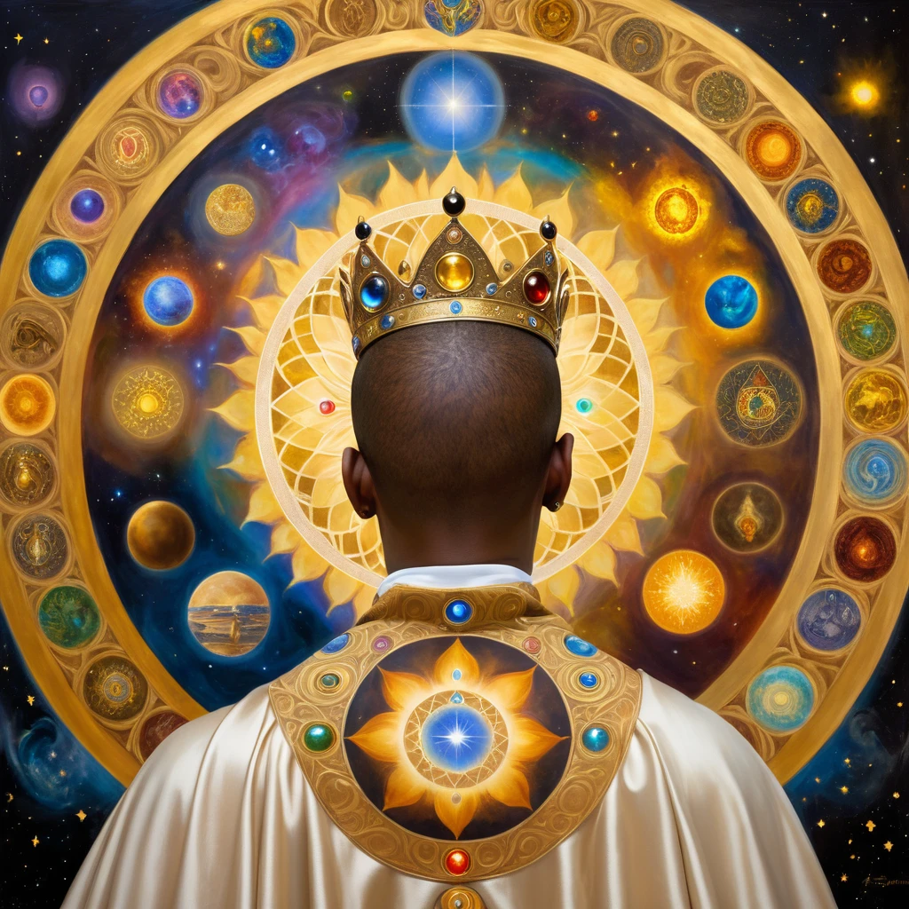 black man with his back, short hair (shaved), with a crown on his head, with a golden cloak with the 7 chakras, luxurious setting, and with art and beautiful elements. He looks and contemplates the cosmic golden celestial realms, with elements of astrology, Renaissance painting, oil painting inspired by Leonardo da Vinci.