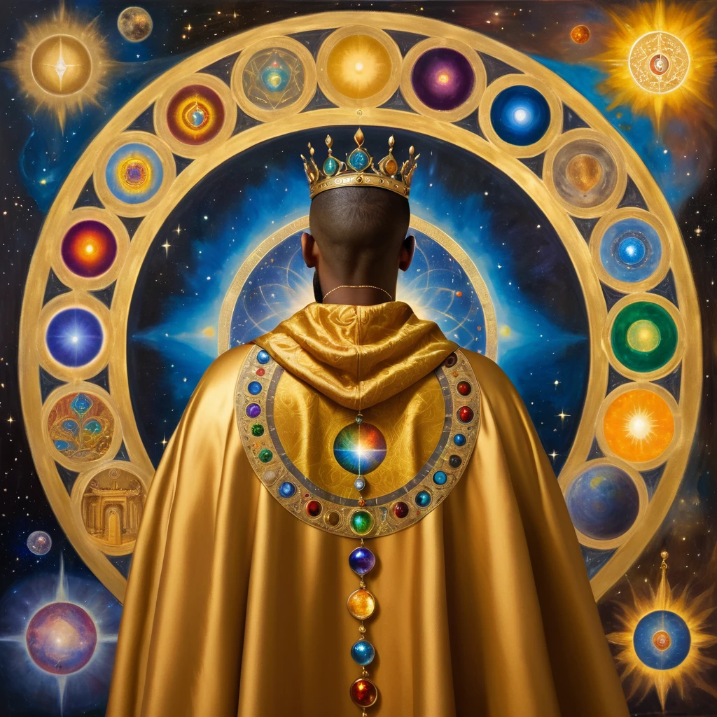 black man with his back, short hair (shaved), with a crown on his head, with a golden cloak with the 7 chakras, luxurious setting, and with art and beautiful elements. He looks and contemplates the cosmic golden celestial realms, with elements of astrology, Renaissance painting, oil painting inspired by Leonardo da Vinci.