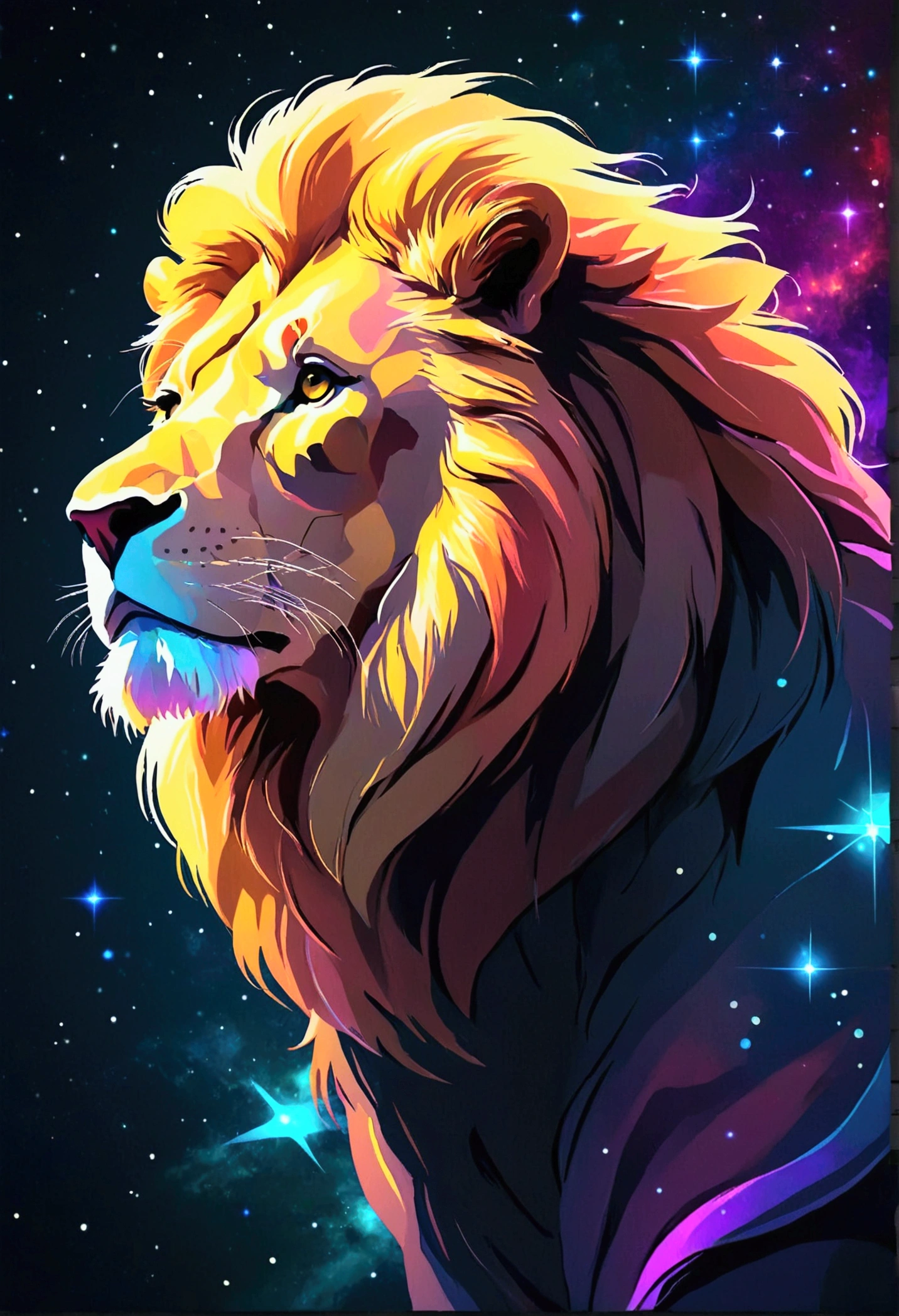 a lion silhouette (stylized) composed by bright stars. Cosmic background