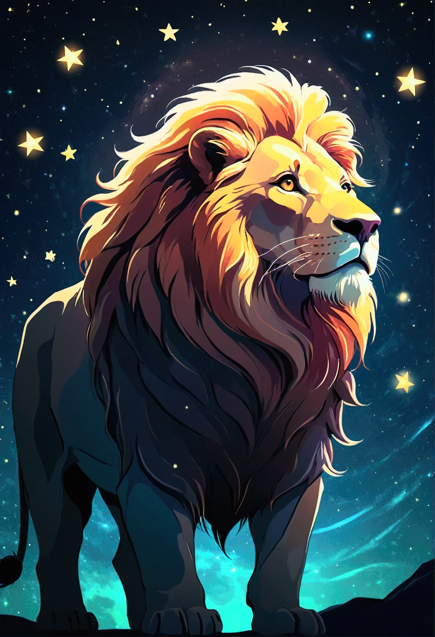 a lion silhouette (stylized) composed by bright stars. Cosmic background