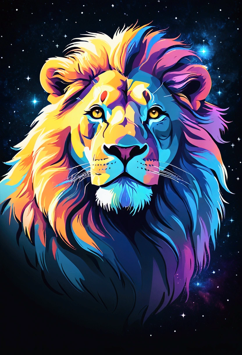 a lion silhouette (stylized) composed by bright stars. Cosmic background