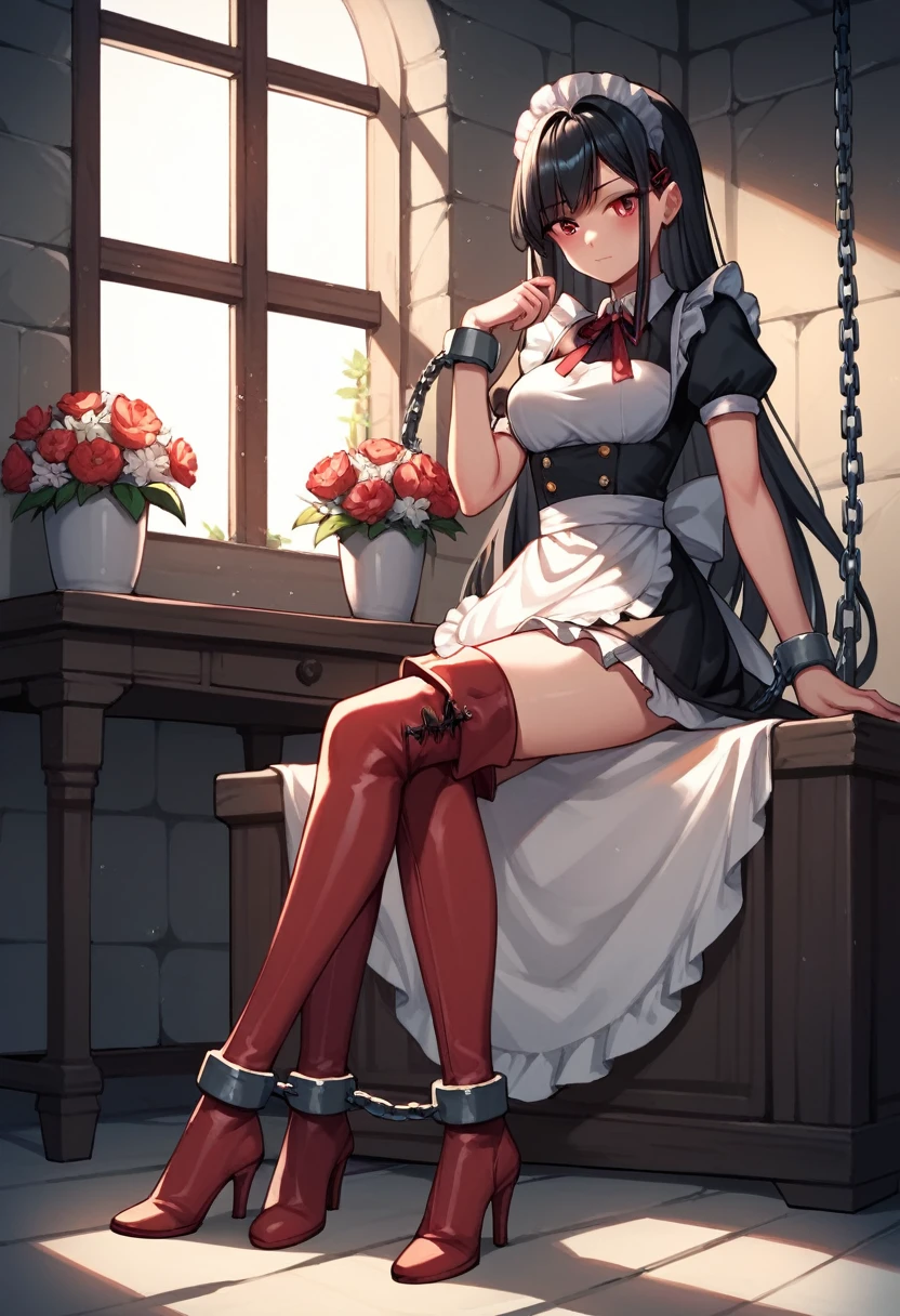 score_9, score_8_up, score_7_up, score_6_up, score_5_up, score_4_up, source_anime, 1girl, sit, black hair, long hair, red eyes, w-w-chain, shackles, Putting shackles on your hands, clean hair, maid's outfits, thigh high boots, red boots, heels, flowers, windows, sunny, dungeon, close-up, best quality, best res, 4K UHD,