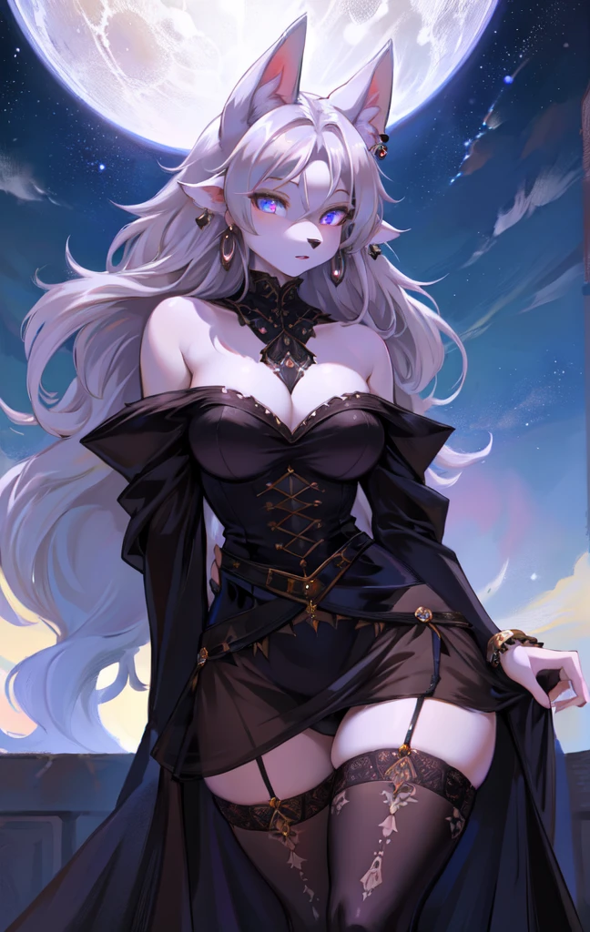 masterpiece, high quality, illustration, extremely detailed, 1_women, (full body), (((hand close to chest))), (((holding handkerchief))), looking away from viewer, looking towards the sky, (exotic skin_complexion:1.4),mature, statuesque, beautiful, exotic, deep in though, large breast, long black Victorian coat ,black dress with gold trim, black knee_high boots, black gloves, long hair, white hair, realistic and detailed face having ((yellow_eyes)), diamond shaped eyes, ((dark_eyeliner)), long_eyelashes, dynamic lighting casts detailed shadows, outside, Victorian London, a starry night, night sky, moon in sky,