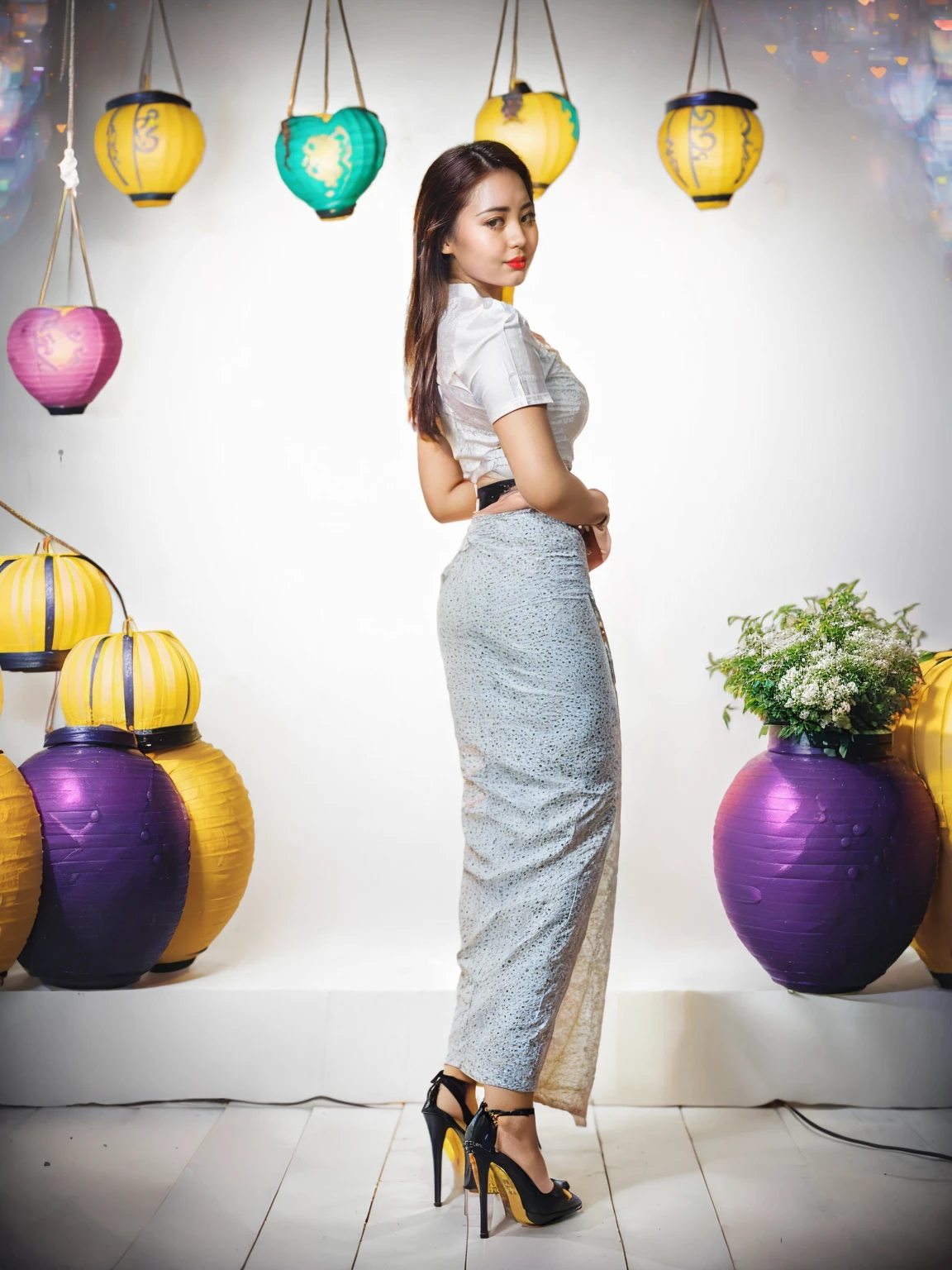 Burmese beautiful woman, pretty lady MoonLay, 1 girl, solo, innocent cute smile, red lips, arafed woman sitting on a stool in a yellow dress, portrait of modern darna, smooth face skin, traditional beauty, cinematic portrait glow lighting, traditional dress, (white shirt:1.3), (red skirt:1.3), high heel, (full body view:2), (back view), (lift up waist), (arms folded at the back:1.2), ((slightly rounded, heart shaped accentuated ass)), (background vibrant colorful hanging laterns:1.5), (cinematic bokeh blur background:1.5), cinematic lighting, (accurate female anatomy),