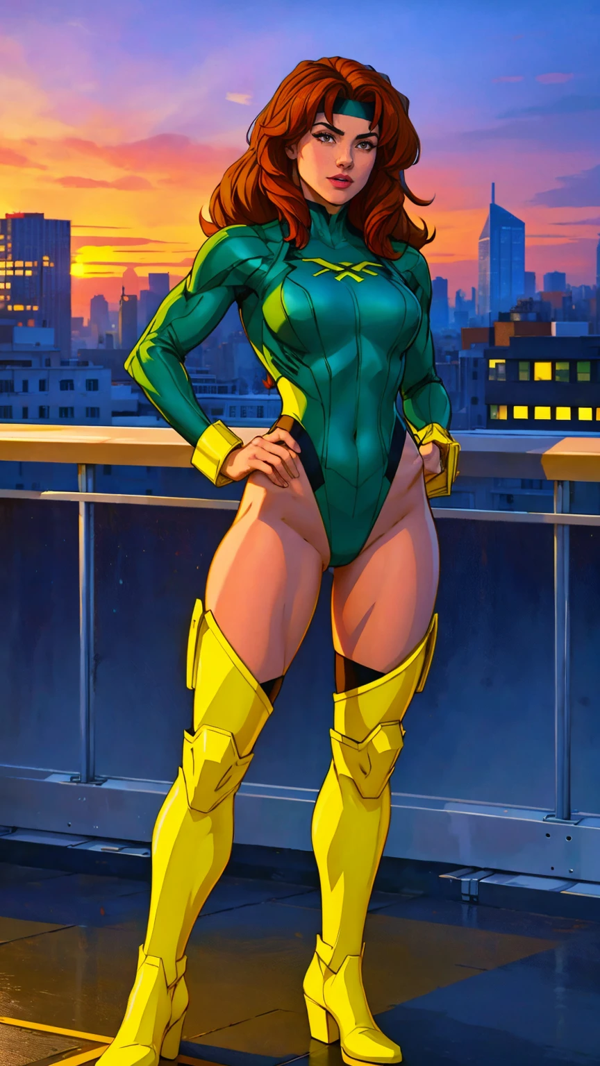 ((Full body photo, standing, feet on the floor)) (best quality,4k,8k,highres,masterpiece:1.2),profile picture
 ultra-detailed,(realistic,photorealistic,photo-realistic:1.37),full body shot,Rogue,X-Men,yellow thigh high boots,beauty pose, standing tall, show feet, outside, city rooftop at night, green headband