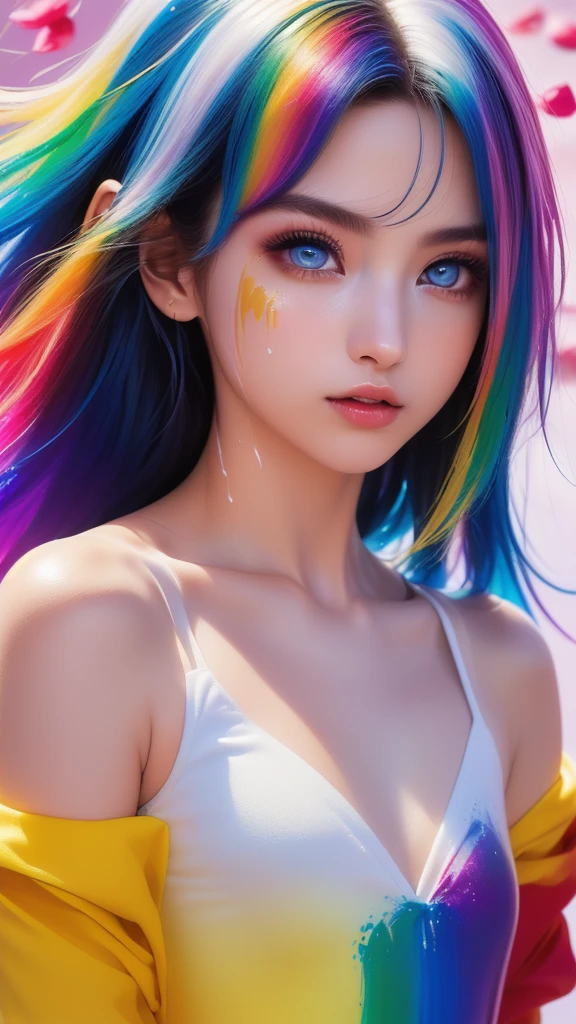 （Pink Fashion T-shirt：1.9），(Colorful hair: 1.8), (all the colours of the rainbow: 1.8),(((((vertical painting：1.6))), （painting：1.6），front, comics, illustrations, paintings, large eyes, crystal clear eyes,（ rainbow color gradient high ponytail：1.7）, exquisite makeup, closed mouth,(Small Fresh: 1.5),(Wipe Chest: 1.6) ，long eyelashes, white off shoulder T-shirt, White Shoulder Shirt，looking at the audience, large watery eyes, (rainbow colored hair：1.6), color splash, （solo：1.8）, color splash, color explosion, thick paint style, messy lines, ((shining))，(colorful), (colorful), (colorful), colorful, Thick Paint Style, (Splash) (Color Splash), Vertical Painting, Upper Body, Paint Splash, Acrylic Pigment, Gradient, Paint, Highest Image Quality, Highest Quality, Masterpiece, Solo, Depth of Field, Face Paint, colorful clothes, (Elegant: 1.2), gorgeous,long hair, wind, (Elegant: 1.3), (Petals: 1.4)，(((masterpiece))),(((best quality))),((ultra-detailed)),(illustration),(dynamic angle),((floating)),(paint),((disheveled hair)),(solo),(1girl) , (((detailed anima face))),((beautiful detailed face)),collar,bare shoulders,white hair, ((colorful hair)),((streaked hair)),beautiful detailed eyes,(Gradient color eyes),(((colorful eyes))),(((colorful background))),(((high saturation))),(((surrounded by colorful splashes))),