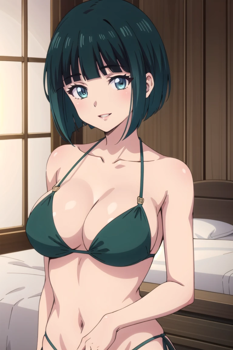 bedroom  looking at viewer, (parted lips:1.2)
 cafe_short, 1girl, solo, short hair, smile, looking at viewer, blue eyes, bangs, collarbone, dark green bikini , black hair, blunt bangs, big breasts , nice ass , closed mouth, bob cut, indoors, anime coloring, , portrait