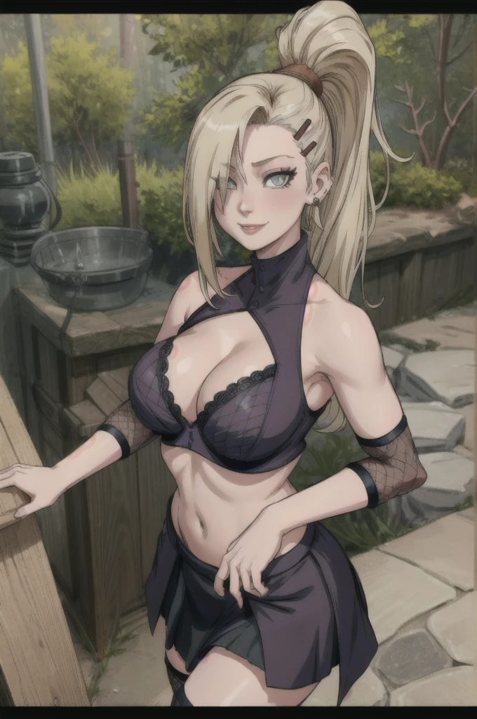 (masterpiece, best quality:1.2), solo, 1girl, yamanaka ino, smile, looking at viewer, hair over one eye, ponytail, hairclip, fishnet bra half naked, sexy, skirt, fishnets, earrings, midriff, forest n, cleavage , big tits , slave outfit 