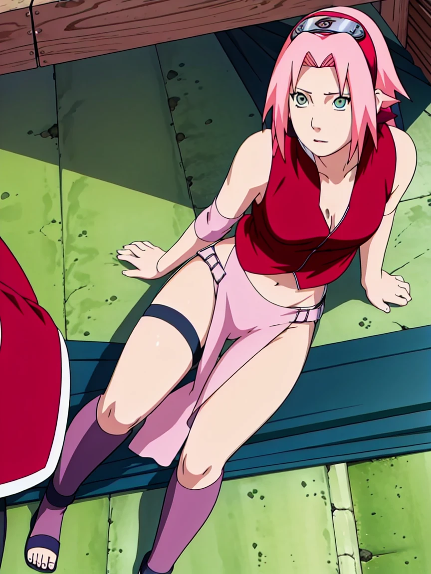 Sakura Haruno is charming, bare,wide hips,abdomen,sexy ,sleep,Behind the bed,IPST, naked,Torn shirt,full body,sleep, provoking,open shirt,nipple, cool colors, (sexually aroused),((full body))