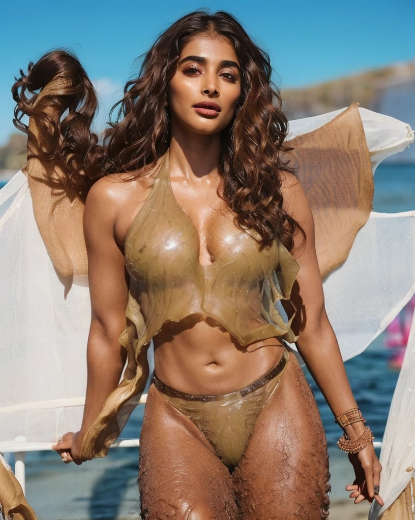 photo of semi naked Pooja hegde,(( erotic sexy pose, transparent  bikini, curly hair, dark skin, extremely sexualized pose , on beach , sexy ) tall, fleshy, lean eyebrow, pooja hegde,pooja1, detailed background, (insanely detailed skin texture , depth of field, correct anatomy ,correct fingers )