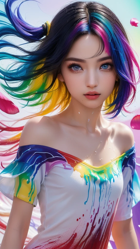 （Pink Fashion T-shirt：1.9），(Colorful hair: 1.8), (all the colours of the rainbow: 1.8),(((((vertical painting：1.6))), （painting：1.6），front, comics, illustrations, paintings, large eyes, crystal clear eyes,（ rainbow color gradient high ponytail：1.7）, exquisite makeup, closed mouth,(Small Fresh: 1.5),(Wipe Chest: 1.6) ，long eyelashes, white off shoulder T-shirt, White Shoulder Shirt，looking at the audience, large watery eyes, (rainbow colored hair：1.6), color splash, （solo：1.8）, color splash, color explosion, thick paint style, messy lines, ((shining))，(colorful), (colorful), (colorful), colorful, Thick Paint Style, (Splash) (Color Splash), Vertical Painting, Upper Body, Paint Splash, Acrylic Pigment, Gradient, Paint, Highest Image Quality, Highest Quality, Masterpiece, Solo, Depth of Field, Face Paint, colorful clothes, (Elegant: 1.2), gorgeous,long hair, wind, (Elegant: 1.3), (Petals: 1.4)，(((masterpiece))),(((best quality))),((ultra-detailed)),(illustration),(dynamic angle),((floating)),(paint),((disheveled hair)),(solo),(1girl) , (((detailed anima face))),((beautiful detailed face)),collar,bare shoulders,white hair, ((colorful hair)),((streaked hair)),beautiful detailed eyes,(Gradient color eyes),(((colorful eyes))),(((colorful background))),(((high saturation))),(((surrounded by colorful splashes))),