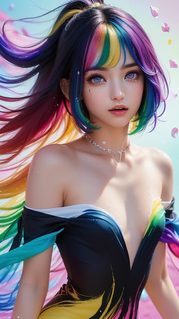 （Pink Fashion T-shirt：1.9），(Colorful hair: 1.8), (all the colours of the rainbow: 1.8),(((((vertical painting：1.6))), （painting：1.6），front, comics, illustrations, paintings, large eyes, crystal clear eyes,（ rainbow color gradient high ponytail：1.7）, exquisite makeup, closed mouth,(Small Fresh: 1.5),(Wipe Chest: 1.6) ，long eyelashes, white off shoulder T-shirt, White Shoulder Shirt，looking at the audience, large watery eyes, (rainbow colored hair：1.6), color splash, （solo：1.8）, color splash, color explosion, thick paint style, messy lines, ((shining))，(colorful), (colorful), (colorful), colorful, Thick Paint Style, (Splash) (Color Splash), Vertical Painting, Upper Body, Paint Splash, Acrylic Pigment, Gradient, Paint, Highest Image Quality, Highest Quality, Masterpiece, Solo, Depth of Field, Face Paint, colorful clothes, (Elegant: 1.2), gorgeous,long hair, wind, (Elegant: 1.3), (Petals: 1.4)，(((masterpiece))),(((best quality))),((ultra-detailed)),(illustration),(dynamic angle),((floating)),(paint),((disheveled hair)),(solo),(1girl) , (((detailed anima face))),((beautiful detailed face)),collar,bare shoulders,white hair, ((colorful hair)),((streaked hair)),beautiful detailed eyes,(Gradient color eyes),(((colorful eyes))),(((colorful background))),(((high saturation))),(((surrounded by colorful splashes))),