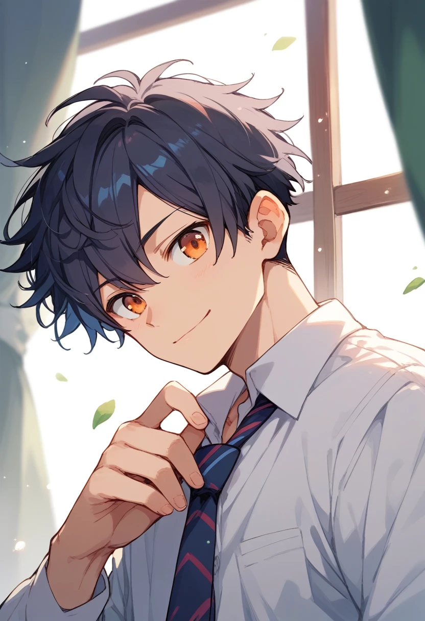 (score_9,score_8_up,score_7_up,score_6_up,score_5_up,score_4_up, source_anime), 8k, best quality, best lighting, BREAK, 1man, 27 yo, toned, male face, male eyes, male focus, navy hair, orange eyes, (smile: 0.7), dress shirt, necktie, wide shot, very short hair, round face, (forehead: 0.5)