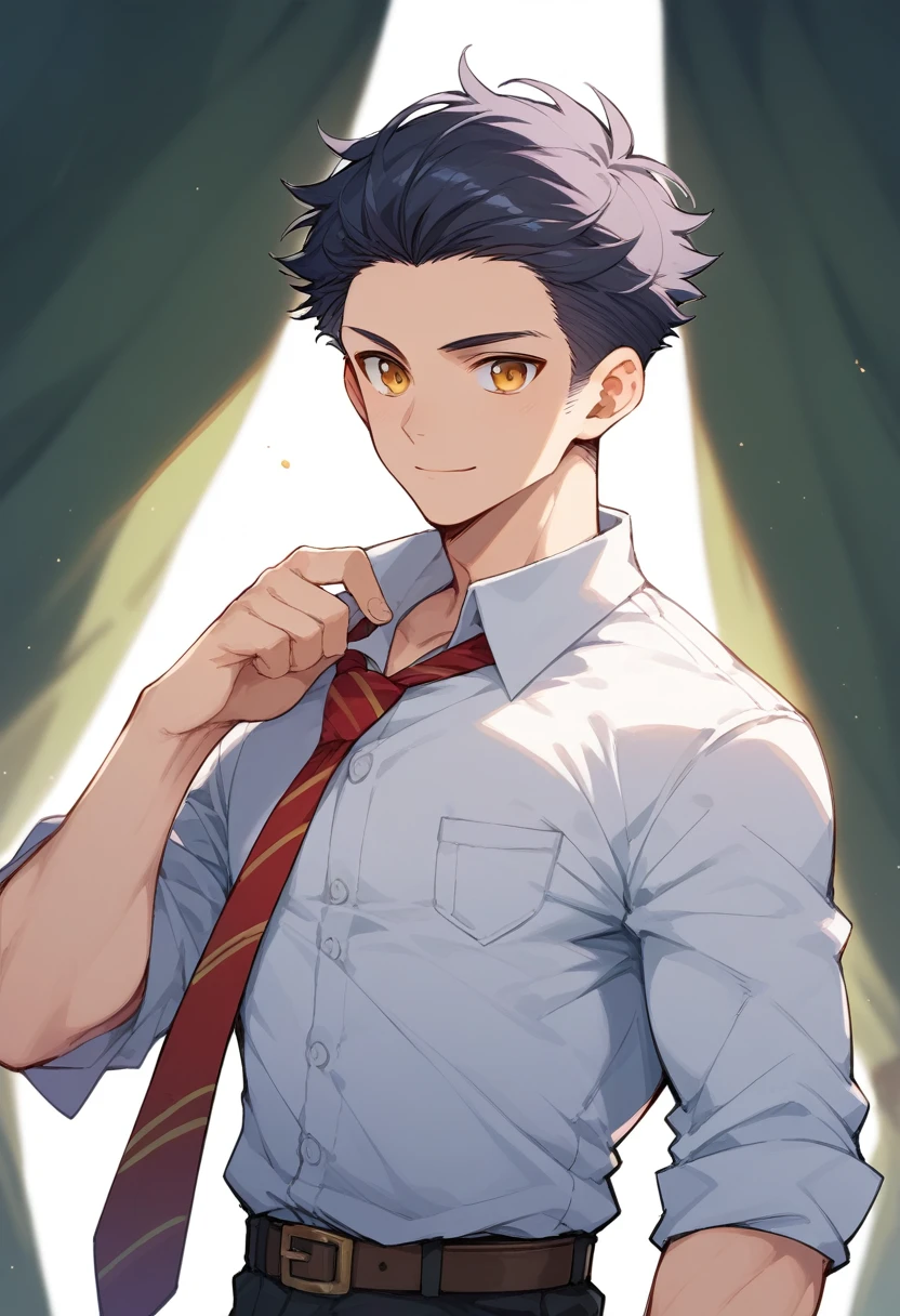 (score_9,score_8_up,score_7_up,score_6_up,score_5_up,score_4_up, source_anime), 8k, best quality, best lighting, BREAK, 1man, 27 yo, toned, male face, male eyes, male focus, navy hair, orange eyes, (smile: 0.7), dress shirt, necktie, wide shot, very short hair, round face, (forehead: 0.5)