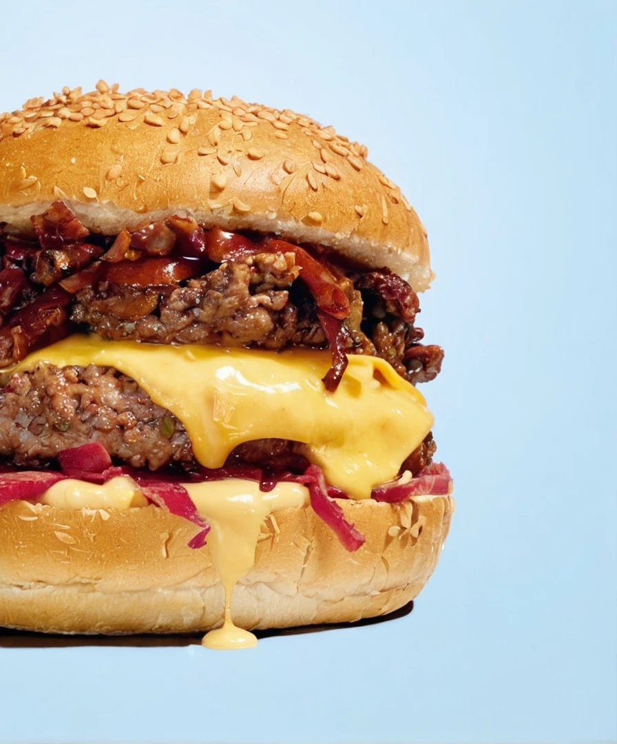 a close up of a hamhambúrguer with meat and cheese on a bun, big juicy hambúrguer, cheesehambúrguer, sanduíche de carne de porco puxado, hambúrguer with a mouth, hambúrguer on a plate, hambúrguer, por Joe Bowler, por Derek Hill, hiper realista ”, hiper-realista”, operating on hambúrguers, carnudo, por Jay Hambidge, imagem de comida super realista, Direção: Neil Blevins