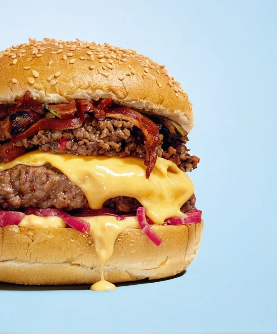 a close up of a hamhambúrguer with meat and cheese on a bun, big juicy hambúrguer, cheesehambúrguer, sanduíche de carne de porco puxado, hambúrguer with a mouth, hambúrguer on a plate, hambúrguer, por Joe Bowler, por Derek Hill, hiper realista ”, hiper-realista”, operating on hambúrguers, carnudo, por Jay Hambidge, imagem de comida super realista, Direção: Neil Blevins