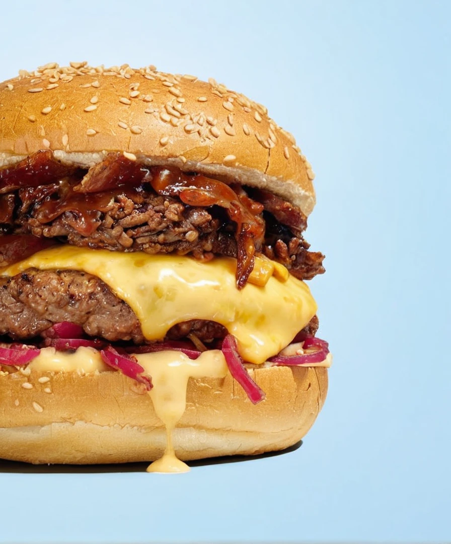 a close up of a hamhambúrguer with meat and cheese on a bun, big juicy hambúrguer, cheesehambúrguer, sanduíche de carne de porco puxado, hambúrguer with a mouth, hambúrguer on a plate, hambúrguer, por Joe Bowler, por Derek Hill, hiper realista ”, hiper-realista”, operating on hambúrguers, carnudo, por Jay Hambidge, imagem de comida super realista, Direção: Neil Blevins