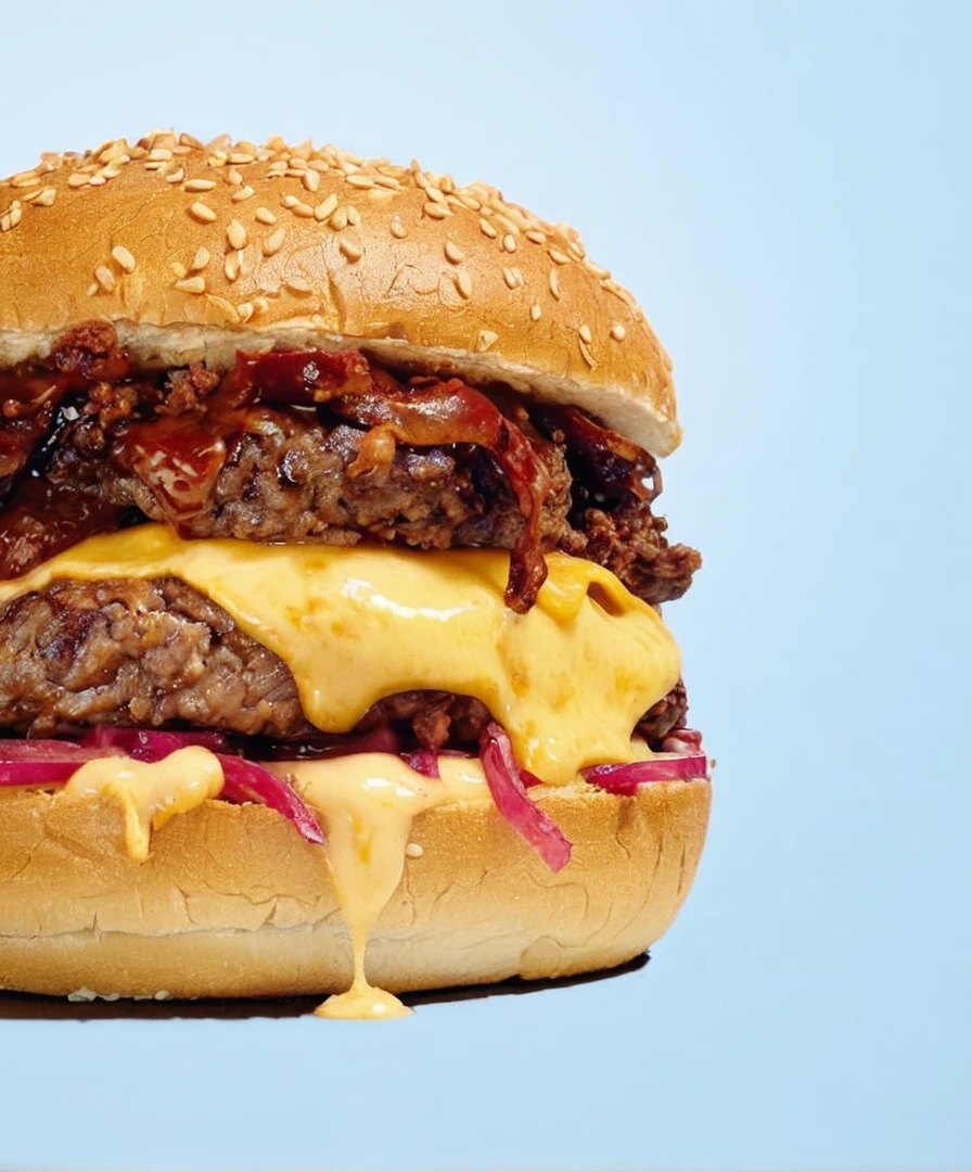 a close up of a hamhambúrguer with meat and cheese on a bun, big juicy hambúrguer, cheesehambúrguer, sanduíche de carne de porco puxado, hambúrguer with a mouth, hambúrguer on a plate, hambúrguer, por Joe Bowler, por Derek Hill, hiper realista ”, hiper-realista”, operating on hambúrguers, carnudo, por Jay Hambidge, imagem de comida super realista, Direção: Neil Blevins