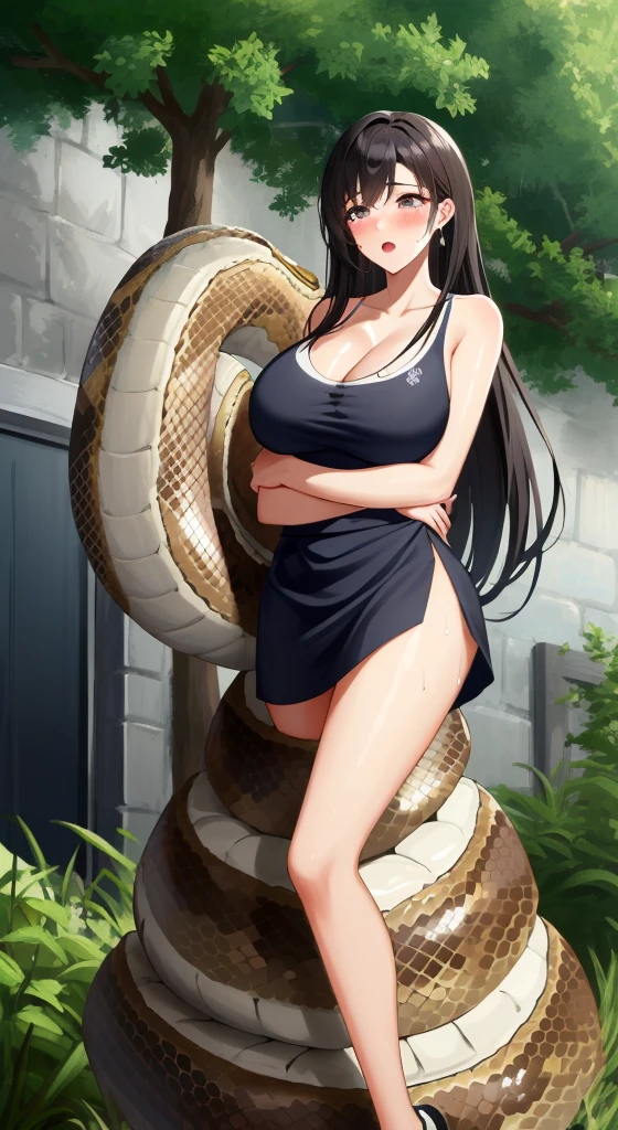 masterpiece, best quality, highres, Tifa Lockhart, messy hair, beautiful long hair, unique hair detailed, medium breasts, breasts out, blue skirt, beautiful detailed eyes, cleavage, snake, (coiled), (python), snake scales detailed, restrained, shocked face, blushing face, playing park, masterpiece}}}, {{highly extreme detailed}}, solo, Focus on the girl, anime, (milk dripped from her nipples), blush, {orgasm}, {sweaty}, {{python sex}}, (((object insertion))), jangle, spread arms, interspecies, bestiality, (Giant python bestiality, Giant python sex, ((Giant python Rape)), Giant python Rape, Giant python Coils, Passionate Squeeze) (((Giant python coils, Passionate squeeze, ))), coils,((Tifa is wrapped around a giant python)), ((giant python rape)), full body, giant python sex, playing park background 