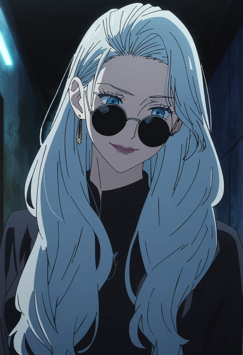 1girl, female gojo satoru, anime screencap from jujutsu kaisen, gojo satoru female version, solo, long_hair, ((Blue eyes, round sunglasses)) ((Silver_hair, hair over ear from one side))((slicked hair)) , night view, (hanging breasts) upper_body, smile, indoors, lips, (long hair) ((wearing black colour outfit, glossy)) breast, "very detailed and high resolution" (Blue eyes, round sunglasses) ((solo)) (((front view))) (earings) ((high resolution)) ((good quality)) ((silky hair, hair over ear from one side))((hair slicked)) ((shy)) ((full body))