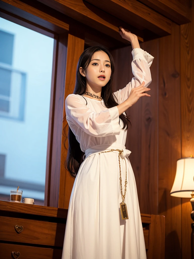 score_9、score_8_up、score_7_up、score_6_up、score_5_up、score_4_up、source_アニメ、One girl、Black Hair、Red Eye、ww-chain、Shackles、Hanging a girl、Raise your arms、On the ceiling、Long Hair、Maid clothes、Black thigh-high boots、Heel、night、window、Dungeons、Highest quality、Highest Resolution、4k uhd、