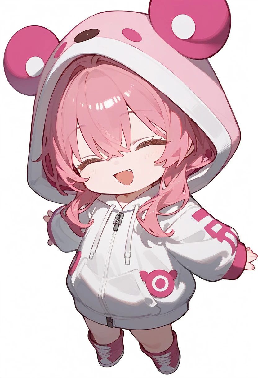 score_9,score_8_superior,score_7_superior,One girl,Pink Hair,alone,hood chibi,bangs,close eyes,smile,standing,full body,posing,Open your mouth,In-person audience,hoodie,Wearing a hood,Long sleeve,Hair between the eyes,Sleeves are longer than your fingers,white background,