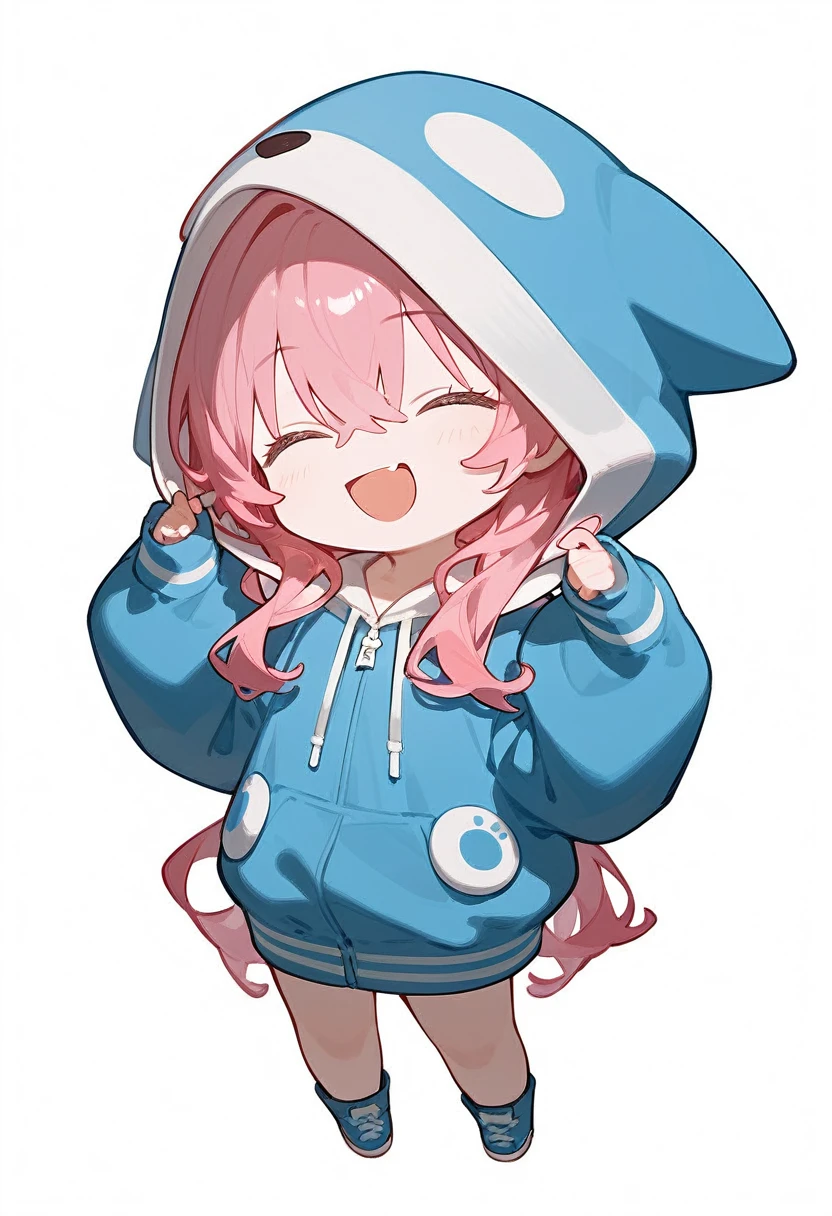 score_9,score_8_superior,score_7_superior,One girl,Pink Hair,alone,hood chibi,bangs,close eyes,smile,standing,full body,posing,Open your mouth,In-person audience,hoodie,Wearing a hood,Long sleeve,Hair between the eyes,Sleeves are longer than your fingers,white background,