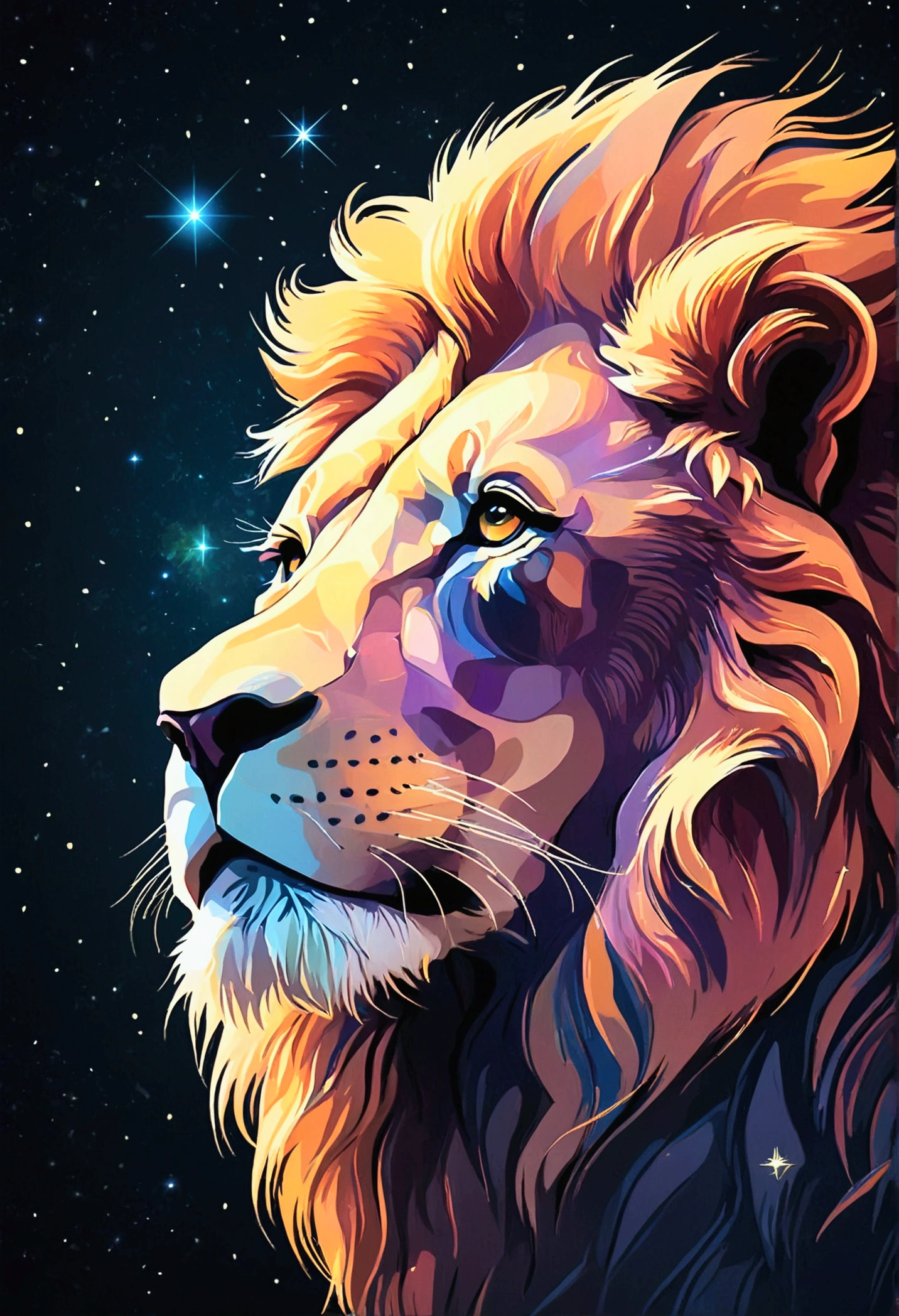 a lion silhouette ((stylized)) composed by bright stars. Cosmic background