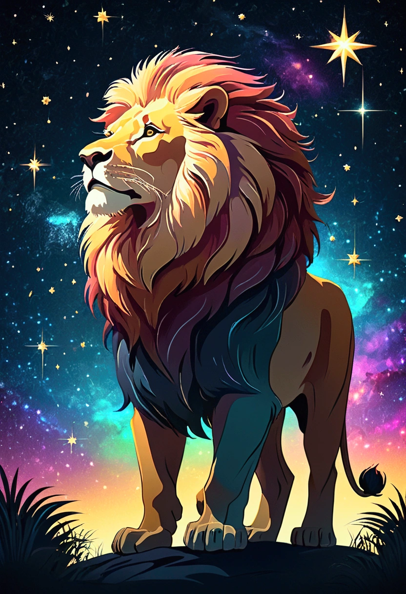 a lion silhouette ((stylized)) composed by bright stars. Cosmic background