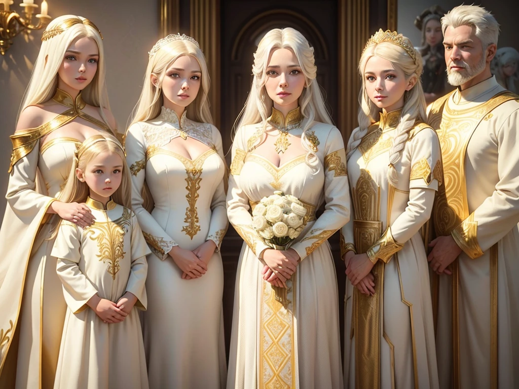 Photorealistic 3D Family portrait (Parents and 3 girls): Angels One Man white hair and beard and One Woman Blonde hair, In white and gold ceramic armor, Standing behind Angel twin girls in white and gold dress, And one older girl in white and gold dress, Brown long hair.