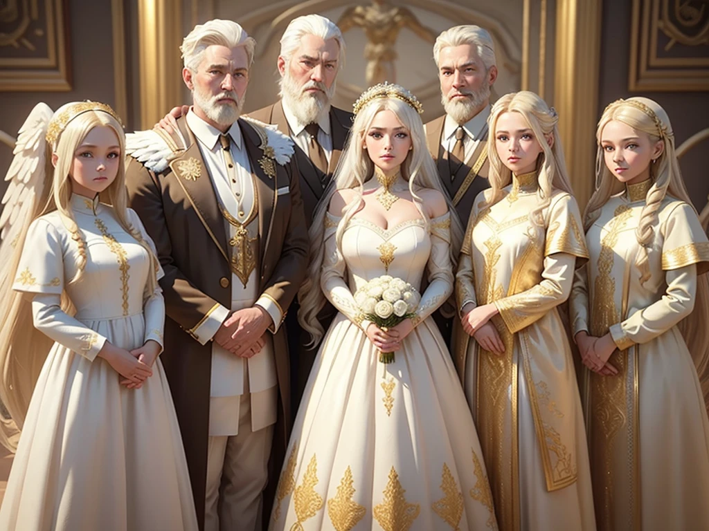 Photorealistic 3D Family portrait (Parents and 3 girls): Angels One Man white hair and beard and One Woman Blonde hair, In white and gold ceramic armor, Standing behind Angel twin girls in white and gold dress, And one older girl in white and gold dress, Brown long hair.