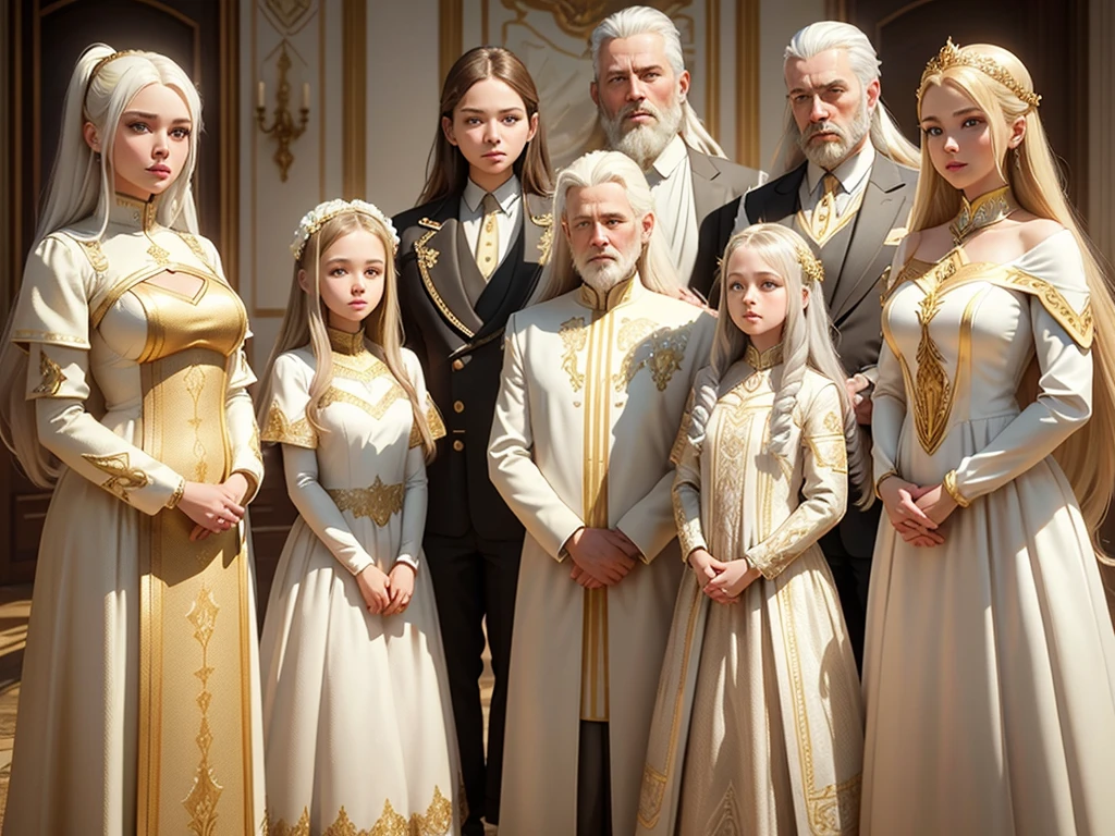 Photorealistic 3D Family portrait (Parents and 3 girls): Angels One Man white hair and beard and One Woman Blonde hair, In white and gold ceramic armor, Standing behind Angel twin girls in white and gold dress, And one older girl in white and gold dress, Brown long hair.