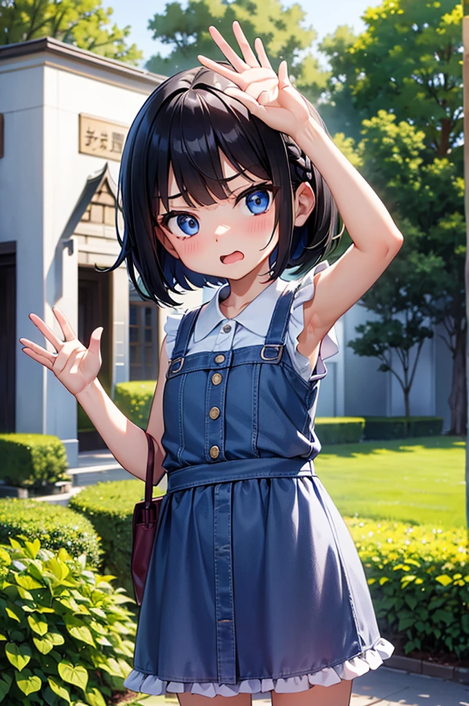 Highest quality、High resolution、Detailed Background、Beautiful face in every detail、Anatomically correct、Detailed facial expressions、fine grain、One Girl、Black Hair、beautiful clear big blue eyes、Braided Bob、Chibi Girl、primary school, A childlike, brightly colored sleeveless shirt with frills、garden、((arm up in the air and waving:1.2)), Nothing in my hands、Very angry face、Glaring at the audience、Demon&#39;s Appearance、Screaming with open mouth、(Close-up of the mouth)