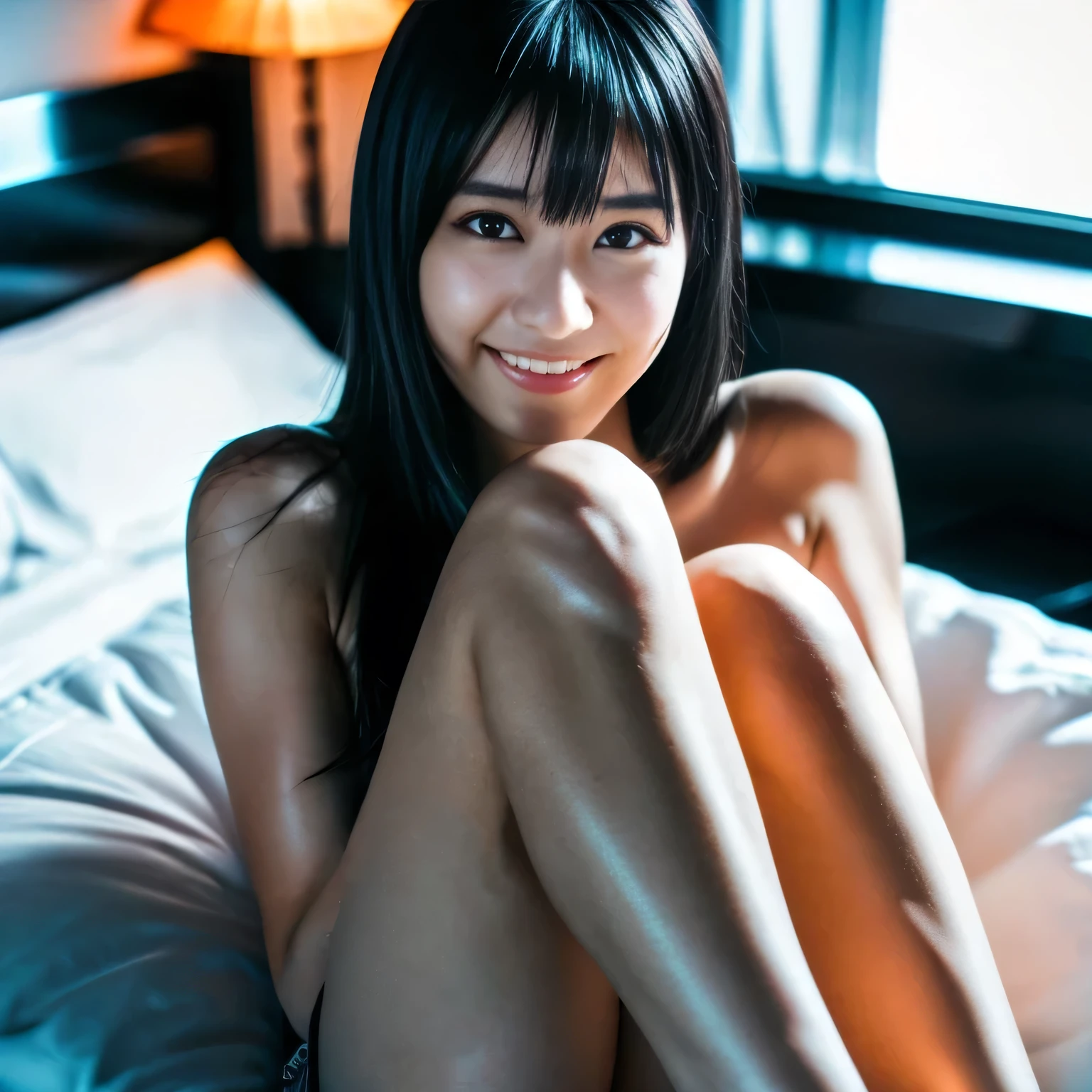 NAGATORO,((brunette)), work of art, best qualityer, ((smiling, nude artistic)), modern and innovative hairstyle, stunning cyberpunk, bedroom, Glowing Neon Signs, led lights, anime illustration, Detailed texture skin, detailed cloth texture, beautifull detailed face, details Intricate, ultra detaild, cinematic lighting, strong contrast, (((nude artistic, fullbody)))