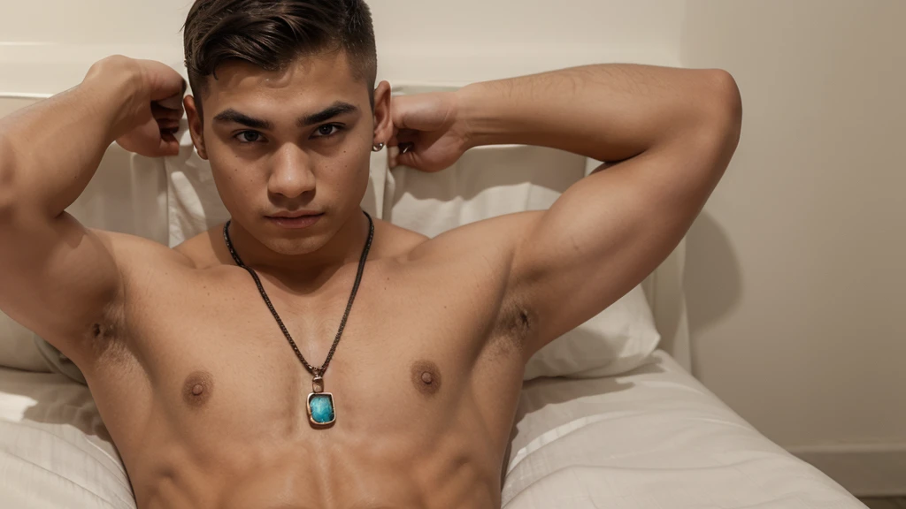 a strong calistenic shirtless  with a taperfade and the eyebrow ,and some tiny jewel pendant