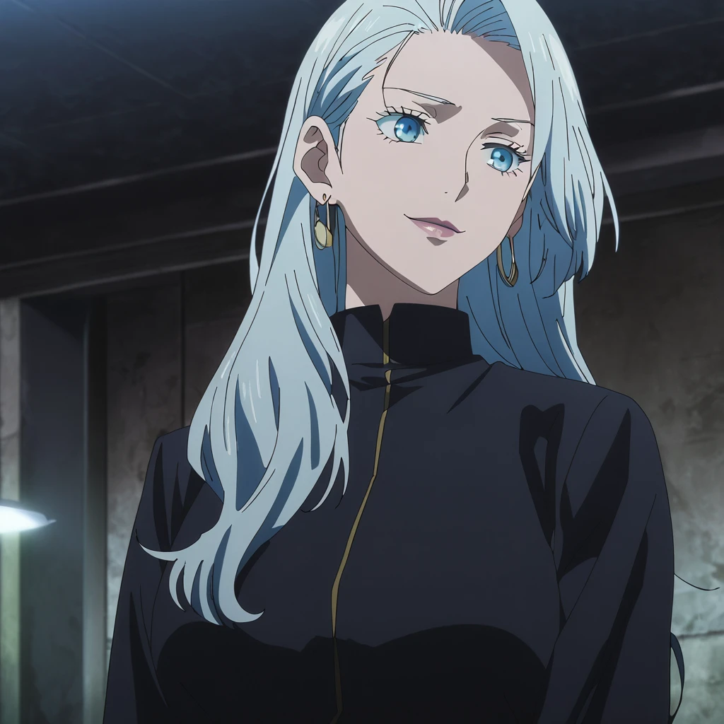 1girl, female gojo satoru, anime screencap from jujutsu kaisen, gojo satoru female version, solo, long_hair, ((Blue eyes, round sunglasses)) ((Silver_hair, hair over ear from one side))((slicked hair)) , night view, (hanging breasts) upper_body, smile, indoors, lips, (long hair) ((wearing black colour outfit, glossy)) breast, "very detailed and high resolution" (Blue eyes, round sunglasses) ((solo)) (((front view))) (earings) ((high resolution)) ((good quality)) ((silky hair, hair over ear from one side))((hair slicked)) ((shy)) ((full body))