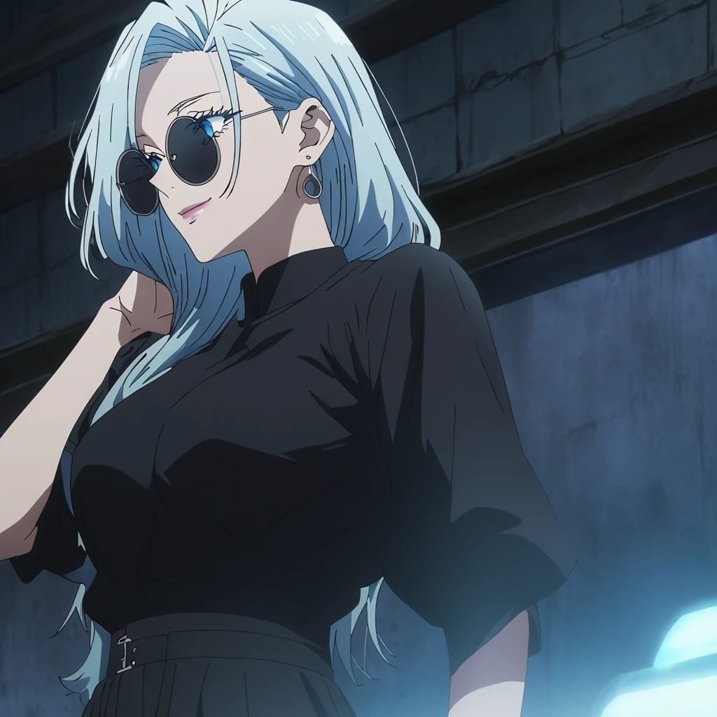 1girl, female gojo satoru, anime screencap from jujutsu kaisen, gojo satoru female version, solo, long_hair, ((Blue eyes, round sunglasses)) ((Silver_hair, hair over ear from one side))((slicked hair)) , night view, (hanging breasts) upper_body, smile, indoors, lips, (long hair) ((wearing black colour outfit, glossy)) breast, "very detailed and high resolution" (Blue eyes, round sunglasses) ((solo)) (((front view))) (earings) ((high resolution)) ((good quality)) ((silky hair, hair over ear from one side))((hair slicked)) ((shy)) ((full body))